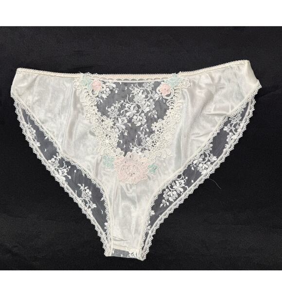 Vintage Victoria's Secret Gold Label Panties Sz M White Satin Lace Sheer Floral - Picture 1 of 6